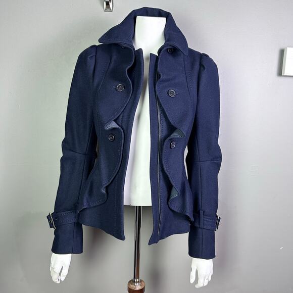 BCBG MaxAzria coat XS Pea Coat Military Ruffle Regal Royal Wool Spy Blue Trench - Picture 4 of 16